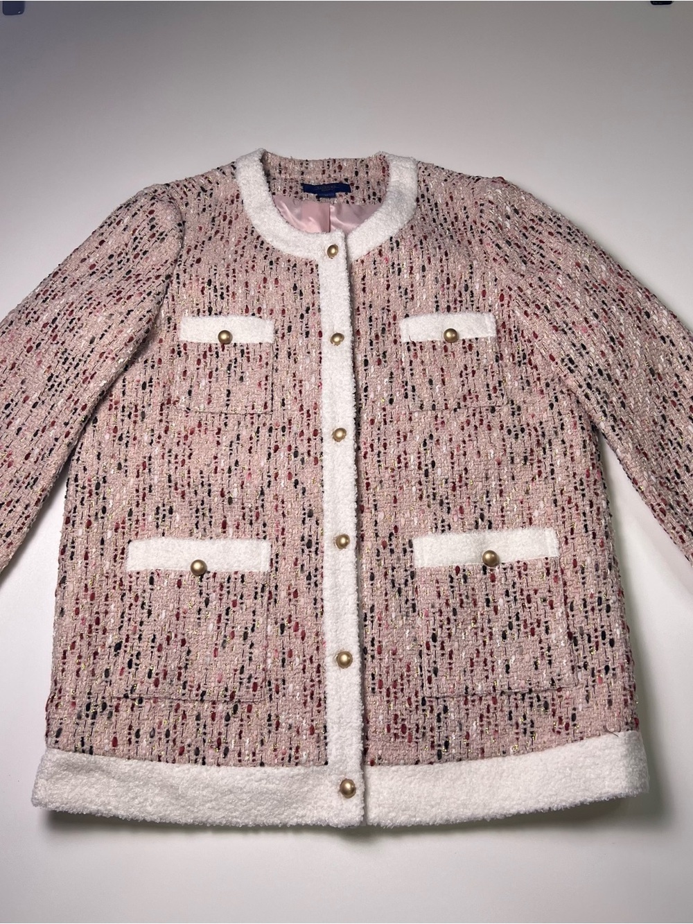 YINER GoodLand Women's Pink Multicolor Button-Front Lined Tweed Jacket Small